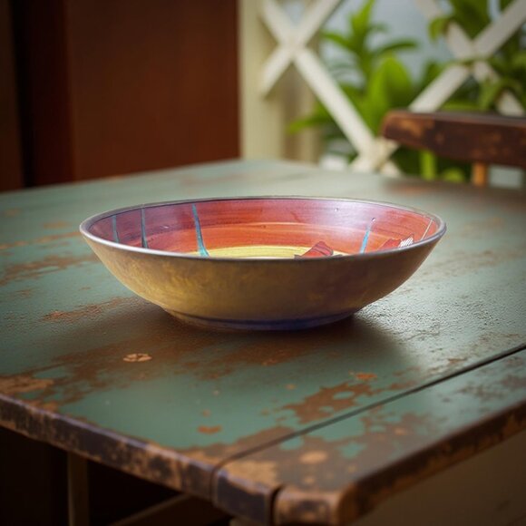 Vintage Capri Italy Porcelain Wall Bowl with Brass Back, Hand-Painted Iris, 6” D - Picture 3 of 10